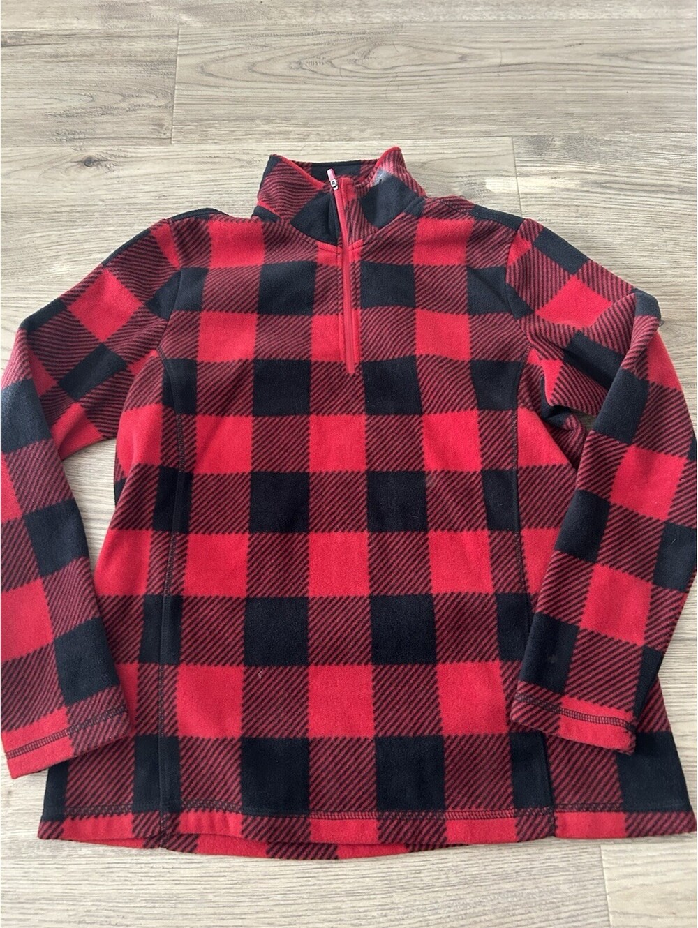 Lands End Womens Red Buffalo Plaid Fleece Quarter Zip Pullover Sweater Sz Small